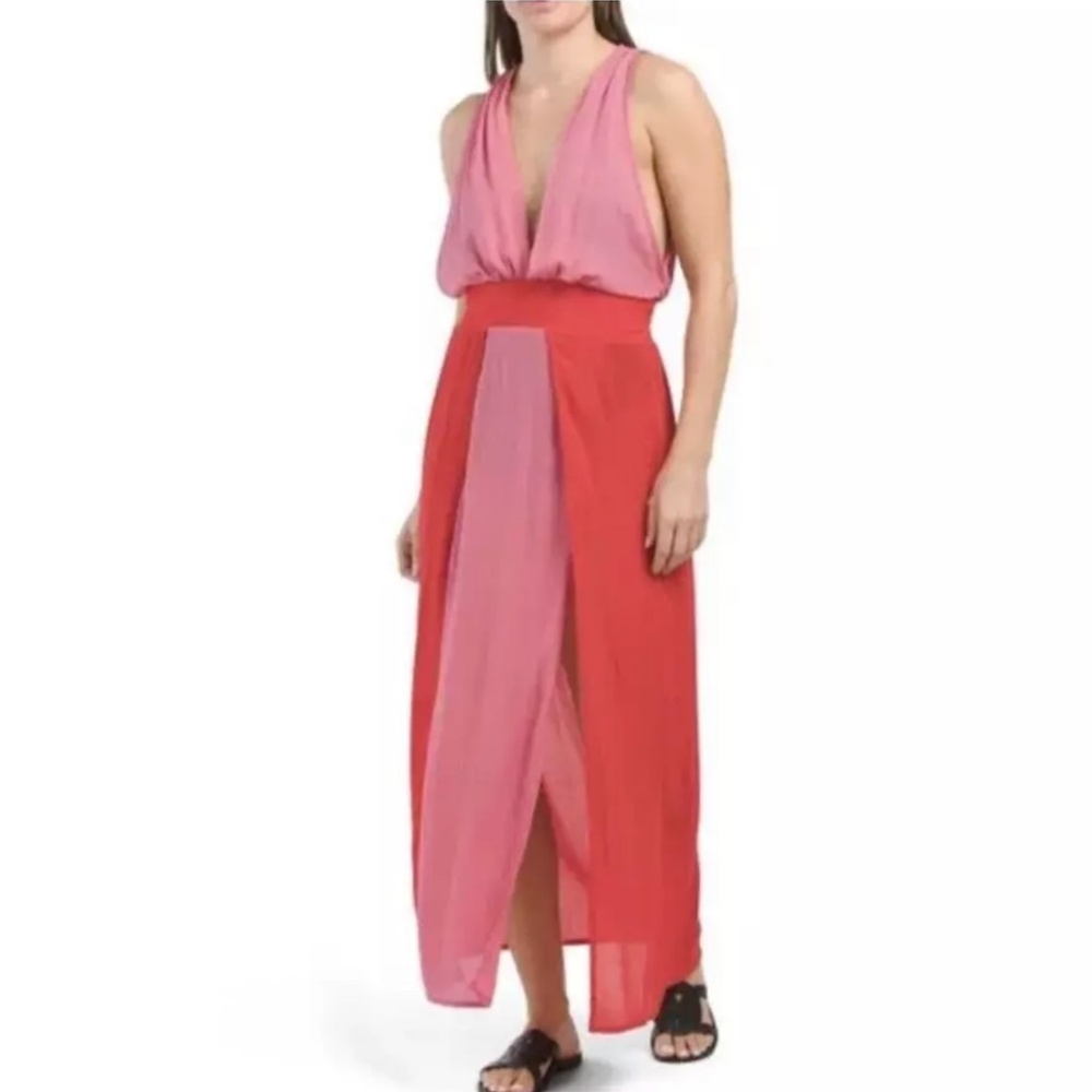 NWT Vix Solid Brigite Long Cover Up Dress Pink Red Medium M Tie Color Block $298
